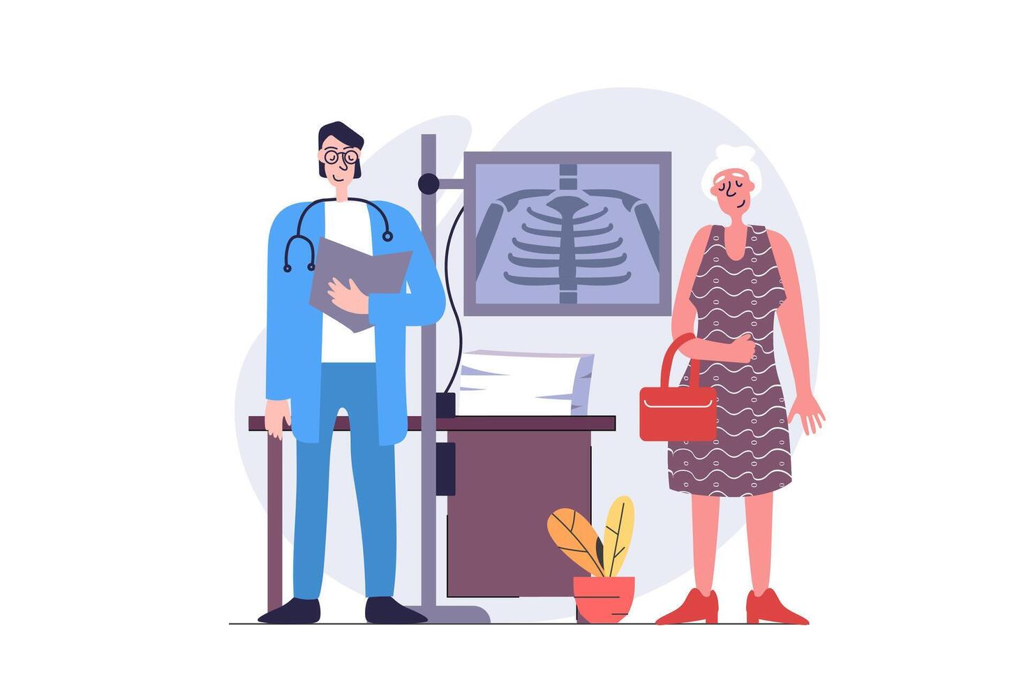 Medicine concept in modern flat design for web. Doctor consulting patient and making diagnosis with x-ray picture, analysis radiography bones scan and prescribing treatment. illustration. vector