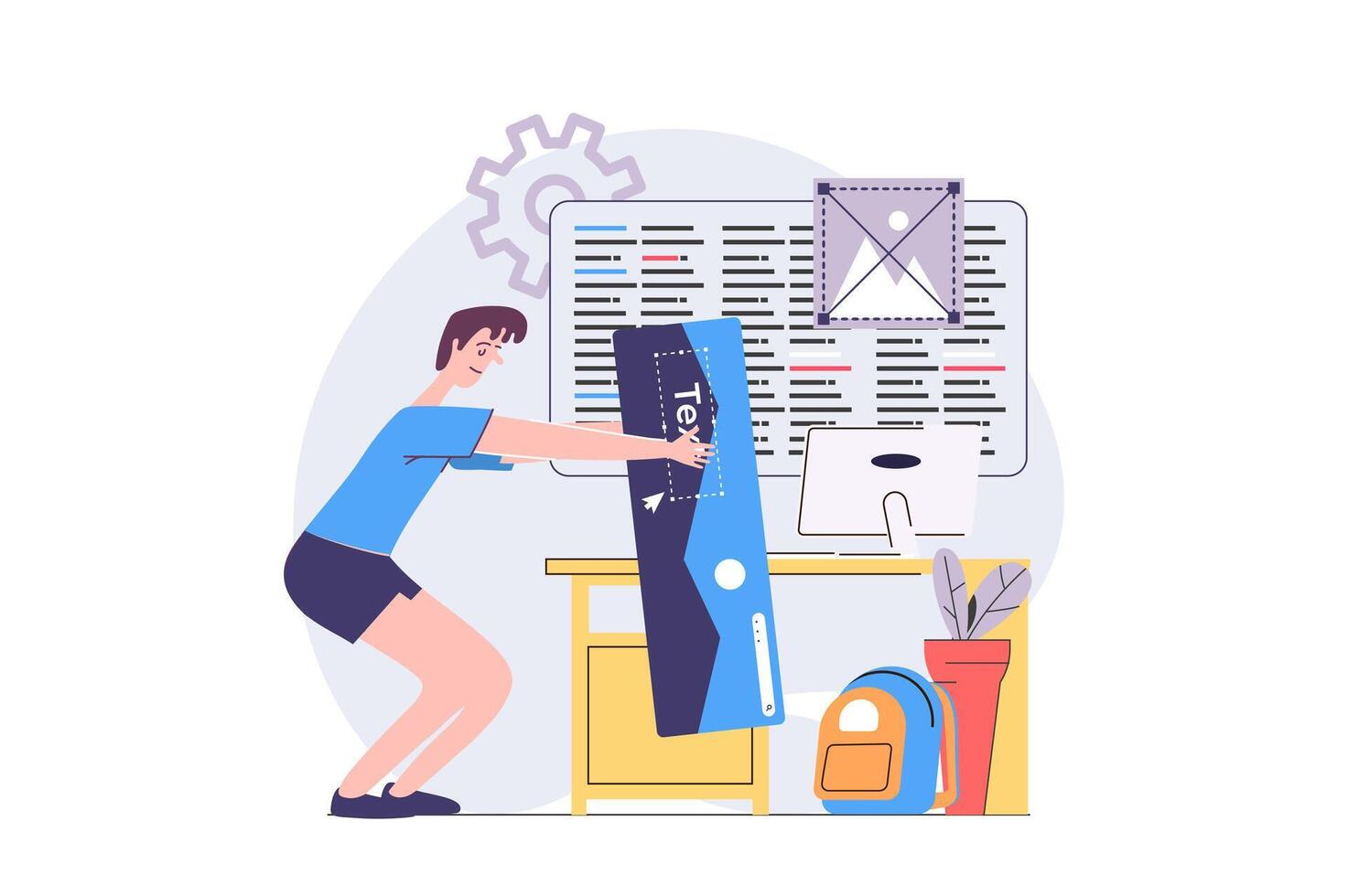 Web development concept in modern flat design for web. Developer creating and programming wireframe app interface, constructing layout with content, making application template. illustration. vector