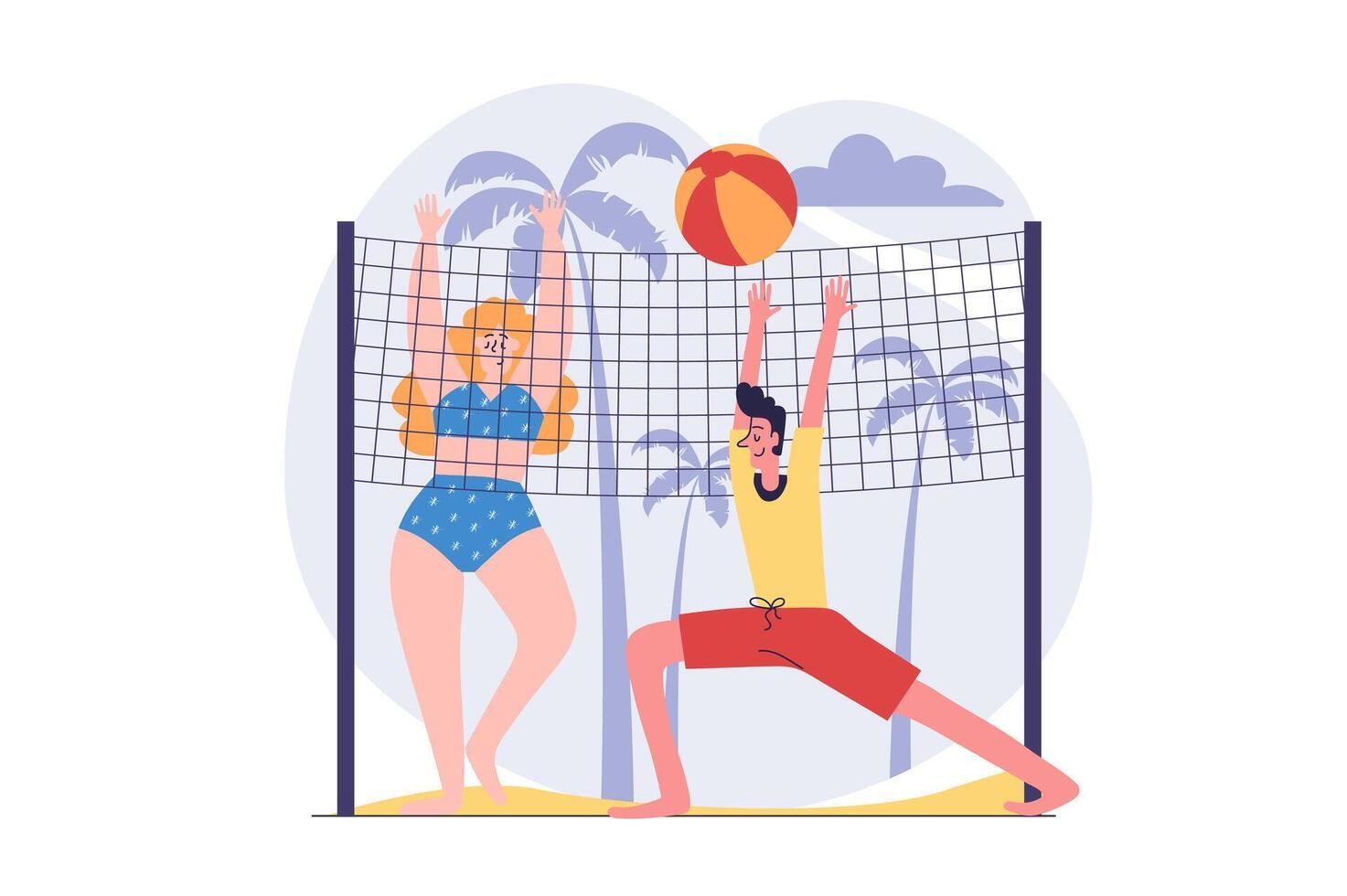 Summertime concept in modern flat design for web. Man and woman playing beach volleyball, relaxing at seaside resort or tropical beach at ocean shores in holiday recreation. illustration. vector
