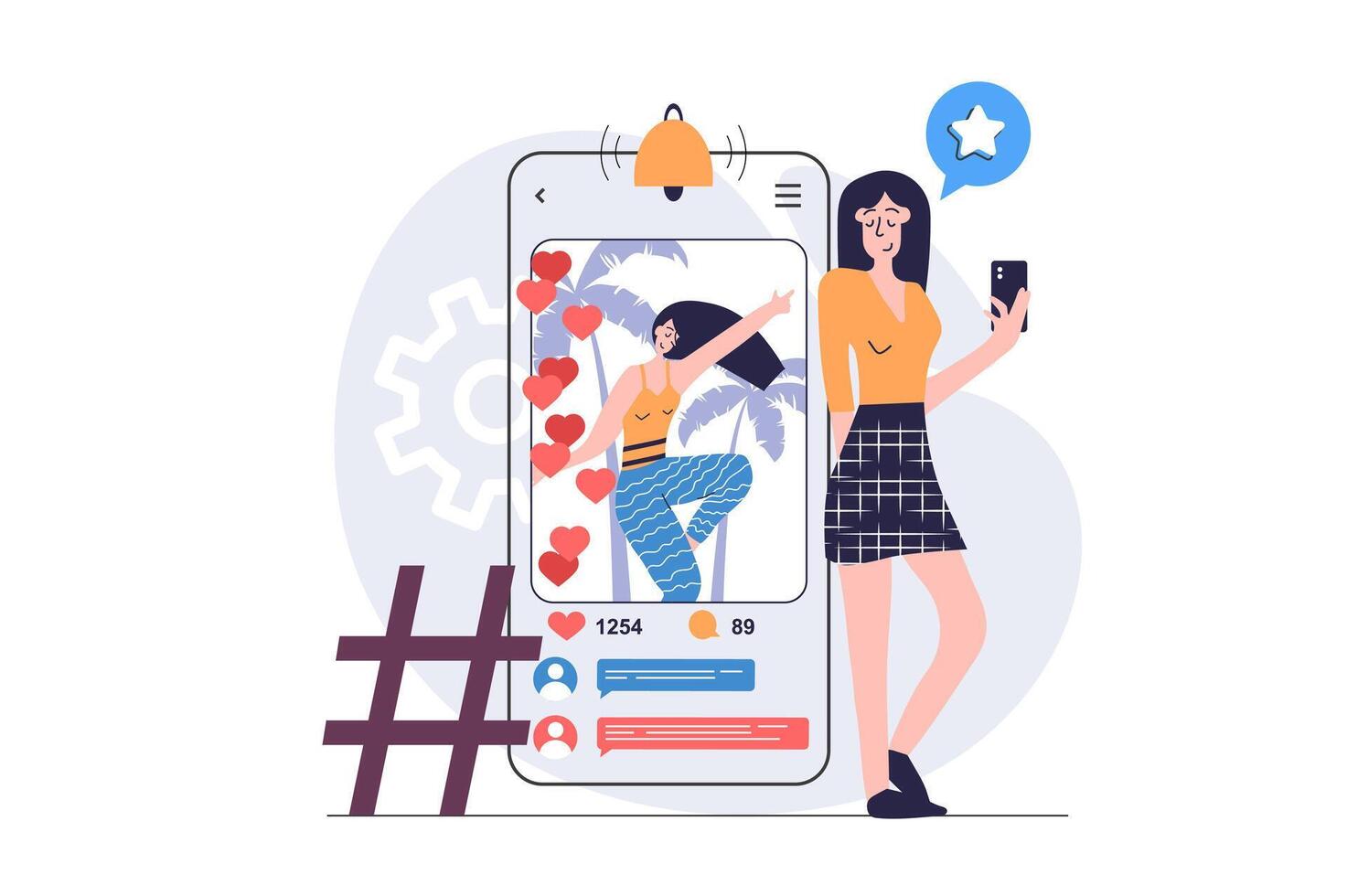 Social network concept in modern flat design for web. Woman posting her new photo in online blog, getting new follower subscriptions, heart reactions and audience comments. illustration. vector