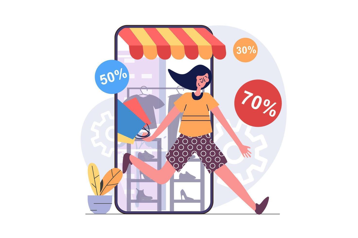 Shopping concept in modern flat design for web. Woman doing bargain purchases in clothes online stores, buying products with best prices in mobile phone application with delivery. illustration. vector