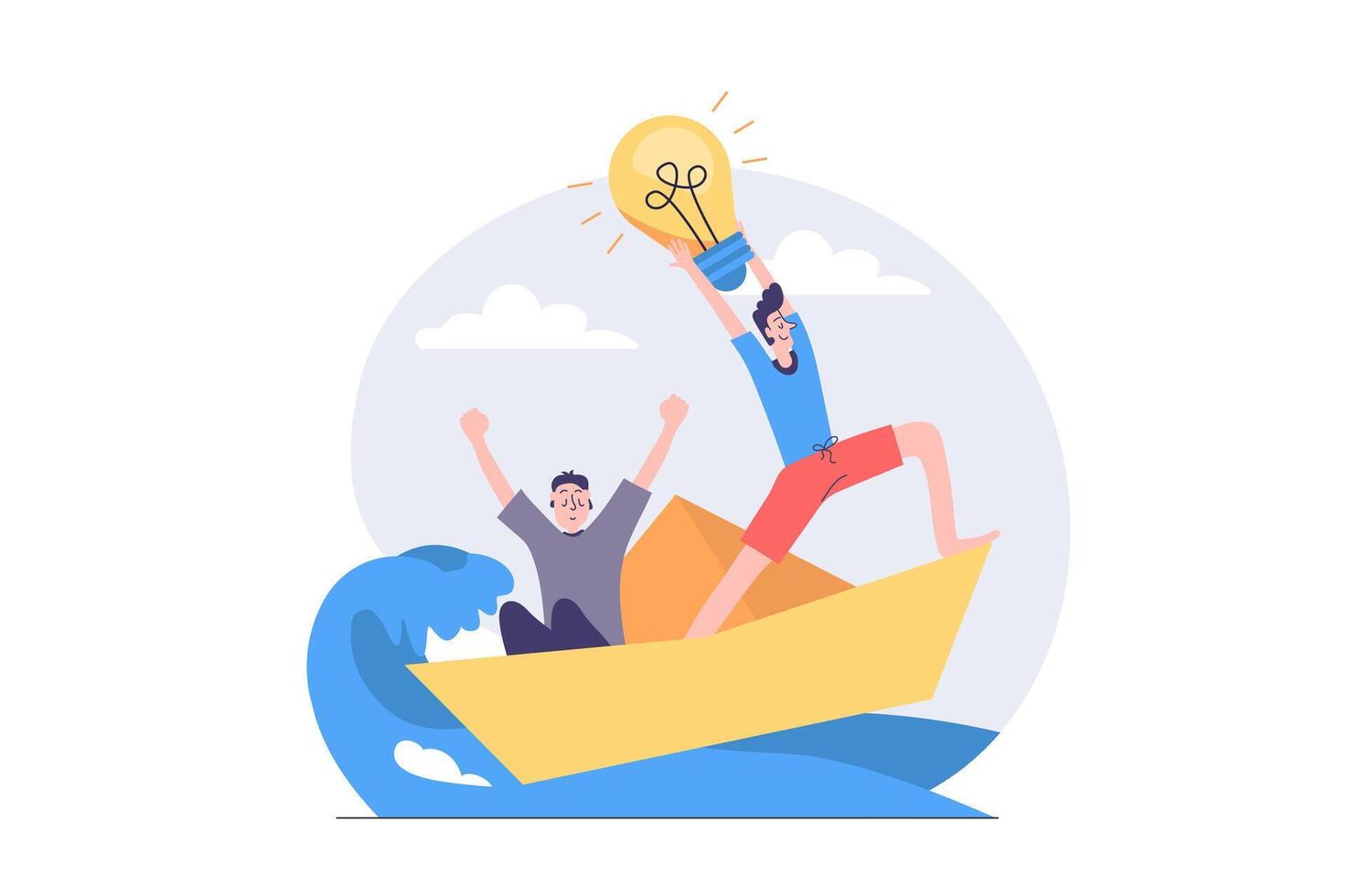 Leadership concept in modern flat design for web. Businessman team sailing in paper ship in high waves with risk navigation, brainstorming and targeting mission and ambitions. illustration. vector