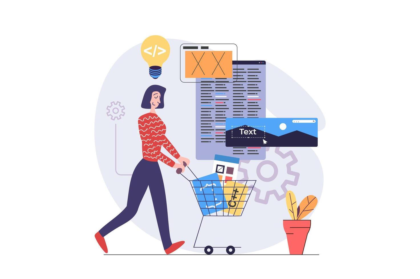 Web development concept in modern flat design for web. Woman developing and programming wireframe app interface, brainstorming and building layout with digital content at screens. illustration. vector