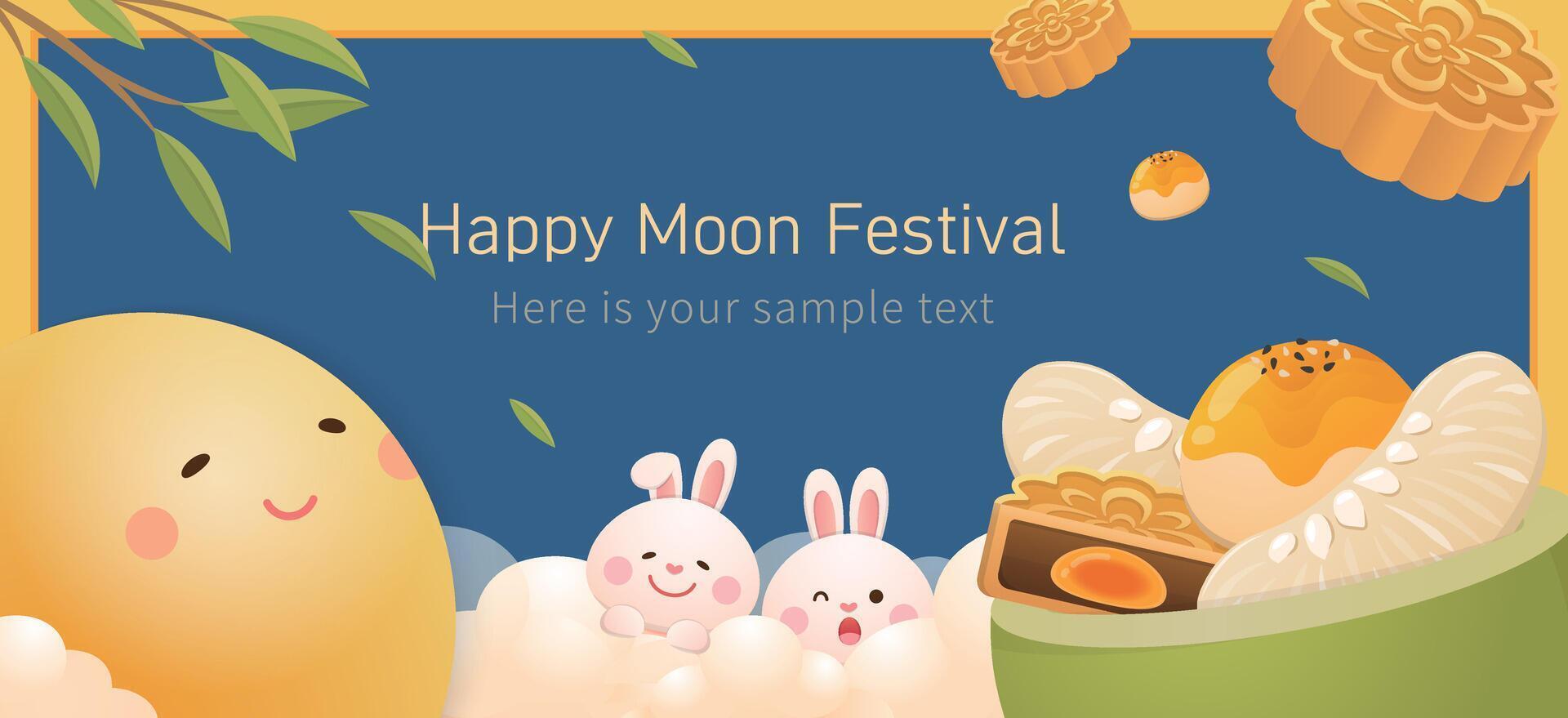 Mid-Autumn Festival poster, Chinese traditional dessert with pomelo, full moon and rabbit, cute and playful, illustration vector