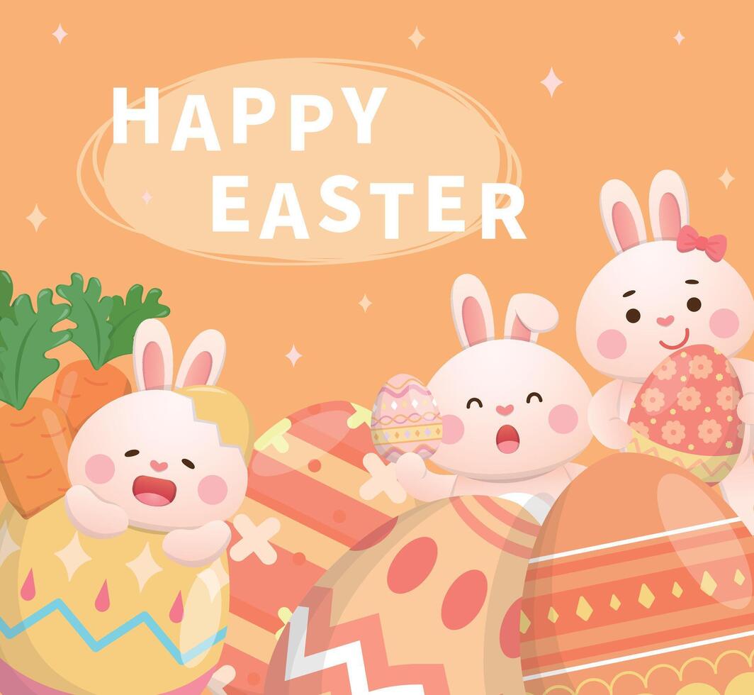 Western Easter elements, playful and cute rabbit and painted eggs, traditional religious activities, poster or greeting card vector