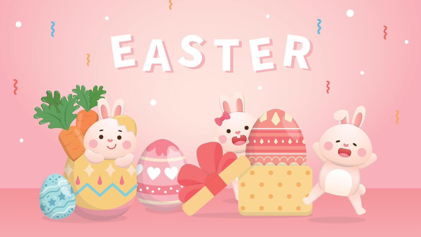 Western Easter elements, playful and cute rabbit and painted eggs, traditional religious activities, poster or greeting card vector