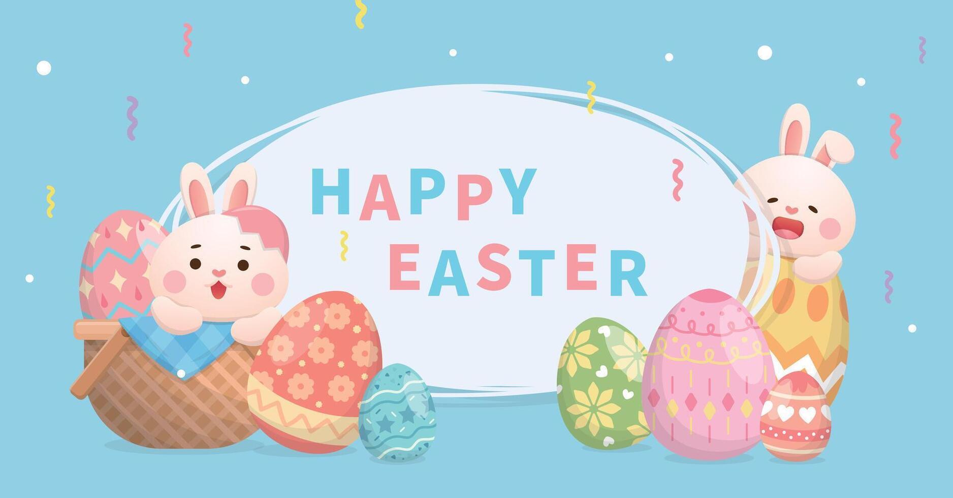 Western Easter elements, playful and cute rabbit and painted eggs, traditional religious activities, poster or greeting card vector