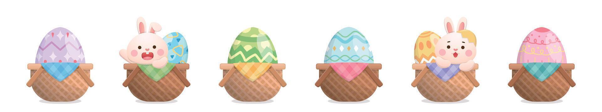 Set of playful rabbit mascots with Easter eggs and wicker basket, joyful celebration, colorful illustration vector