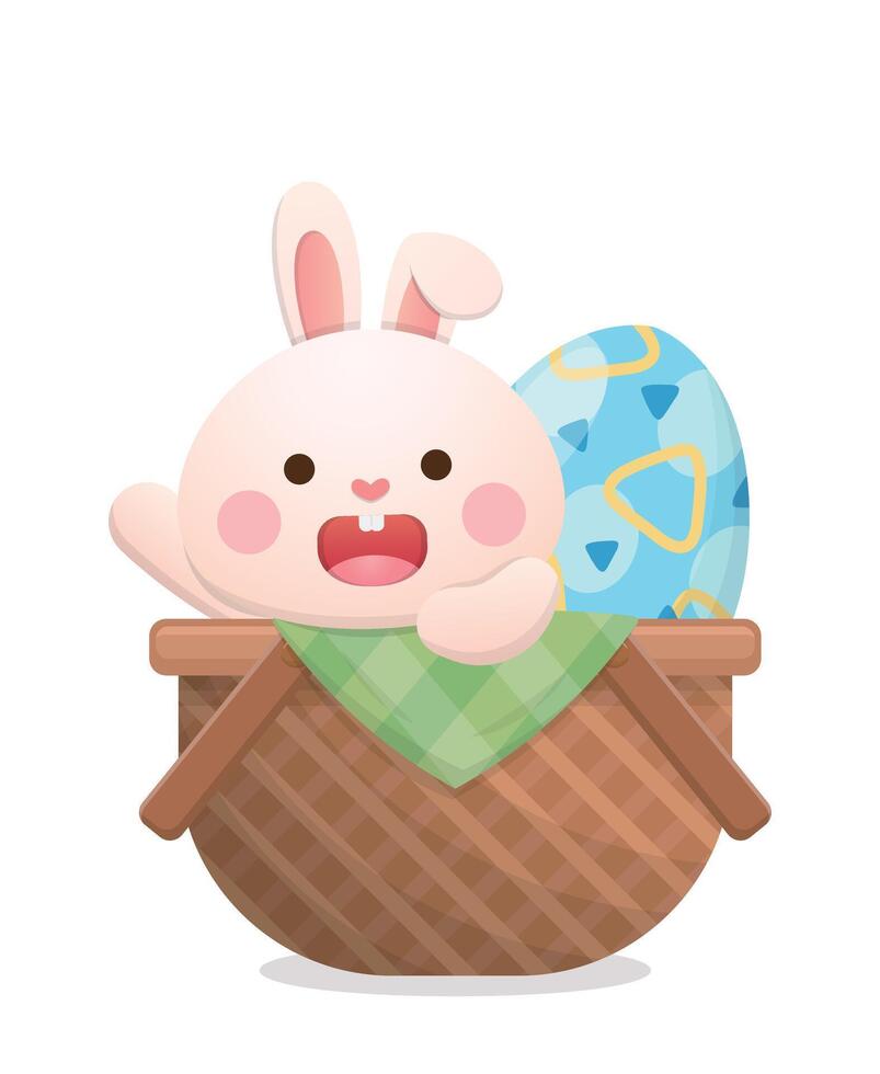 Playful rabbit mascot or character with easter eggs and wicker basket, joyful celebration, illustration vector