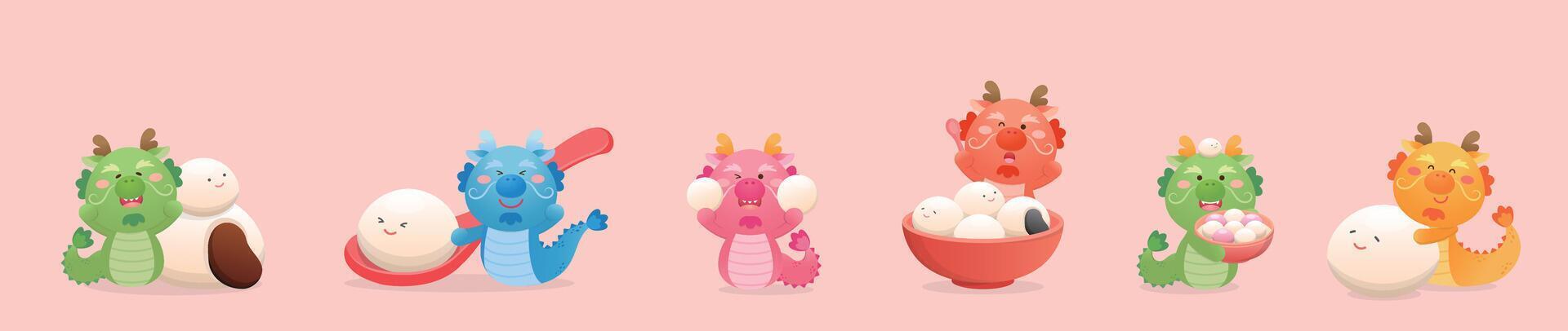Set of cute dragon characters or mascots with glutinous rice balls for Lantern Festival or Winter Solstice, Asian sticky rice sweets with flavors and fillings, cartoon style vector