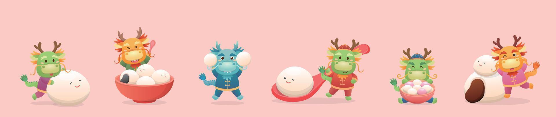Set of cute dragon characters or mascots with glutinous rice balls for Lantern Festival or Winter Solstice, Asian sticky rice sweets with flavors and fillings, cartoon style vector