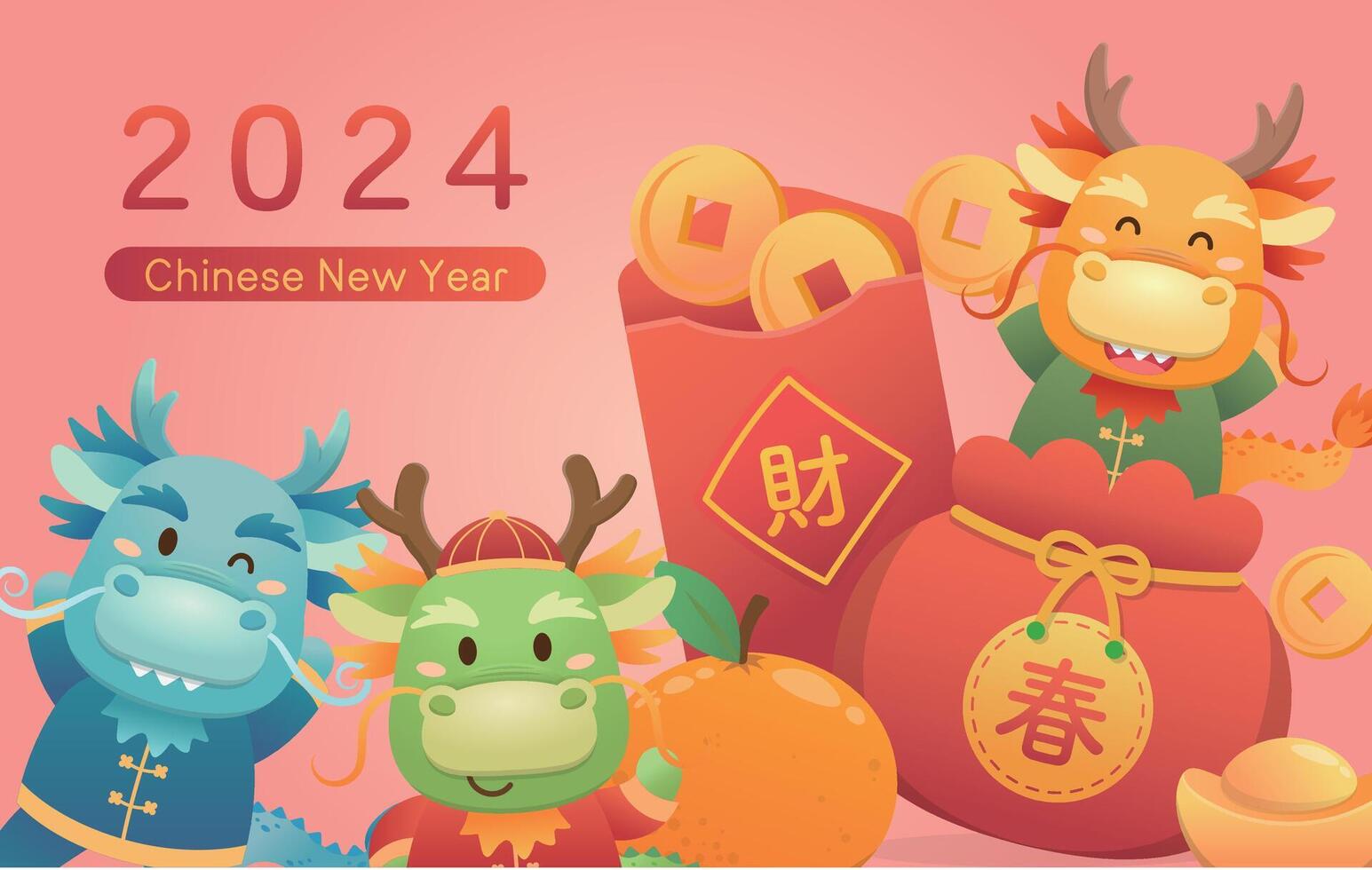 Chinese New Year with cute dragon character or mascot, New Year element and poster design, mythological animal vector