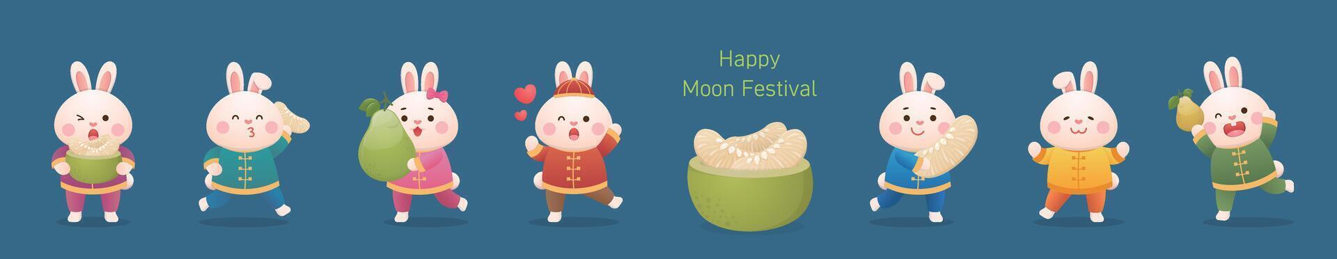 A set of playful, cute and funny rabbit mascots and traditional Chinese pastry mooncakes vector