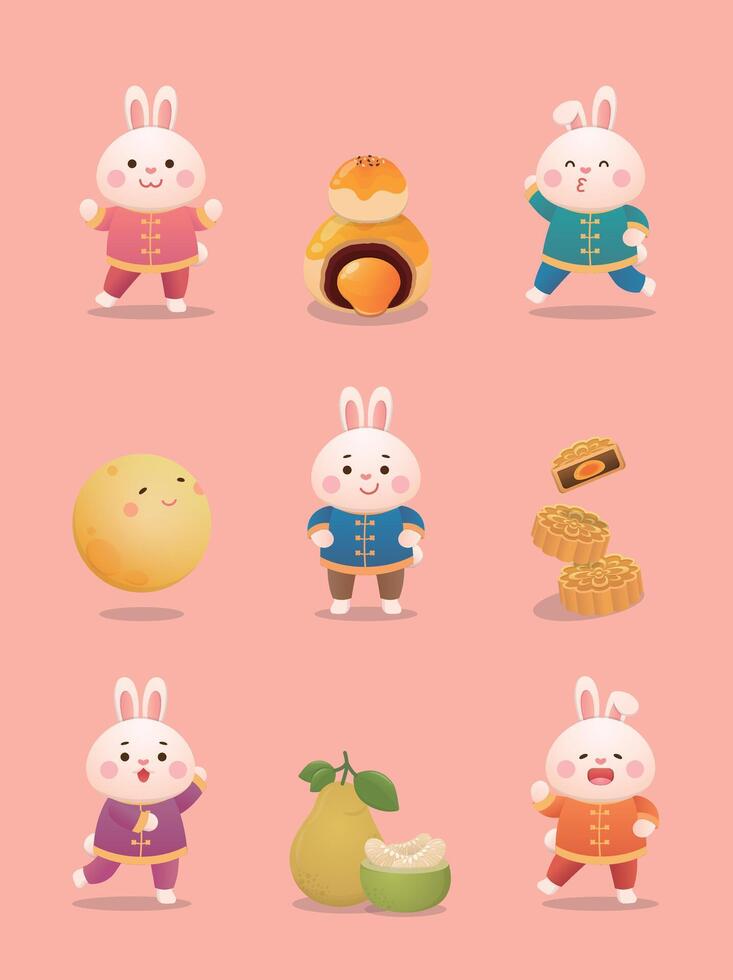 A set of playful and cute rabbit mascots and various elements of the traditional Chinese festival Mid-Autumn Festival, moon cakes and pomelo vector