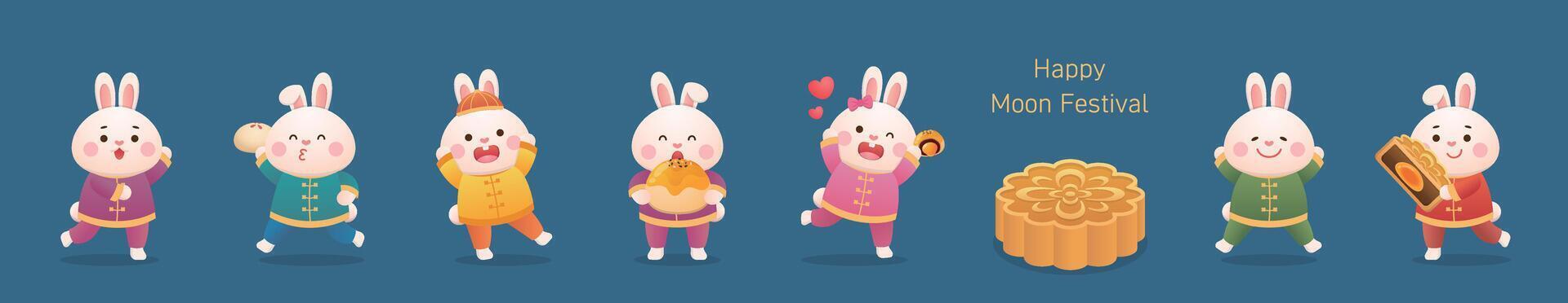 A set of playful, cute and funny rabbit mascots and traditional Chinese pastry mooncakes vector