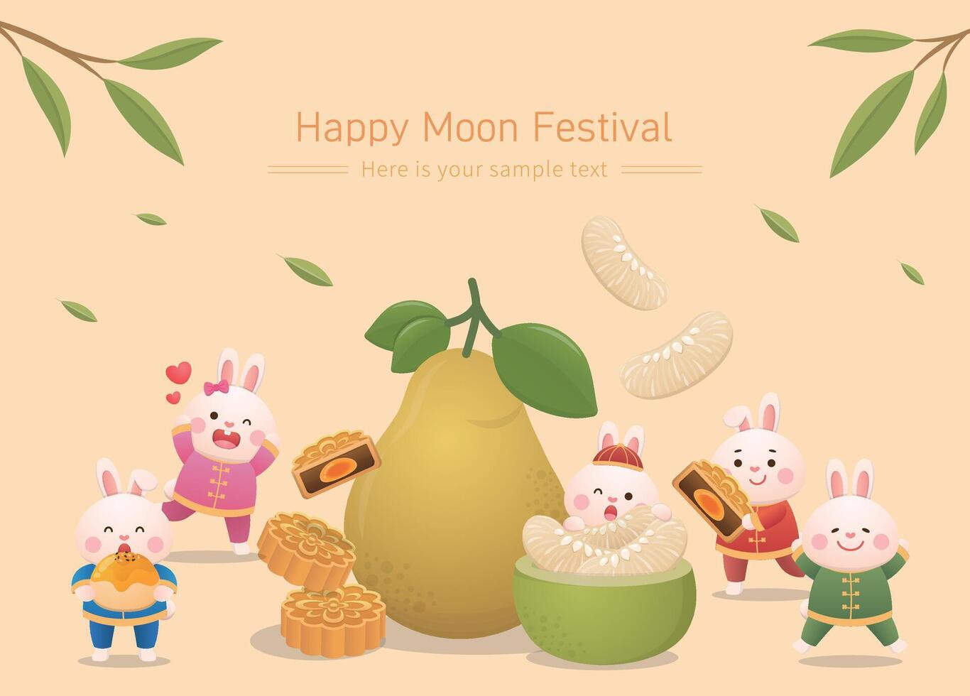 Mid autumn festival party, cute rabbit mascot celebrating with friends or family, moon cake and pomelo, traditional Chinese festival vector