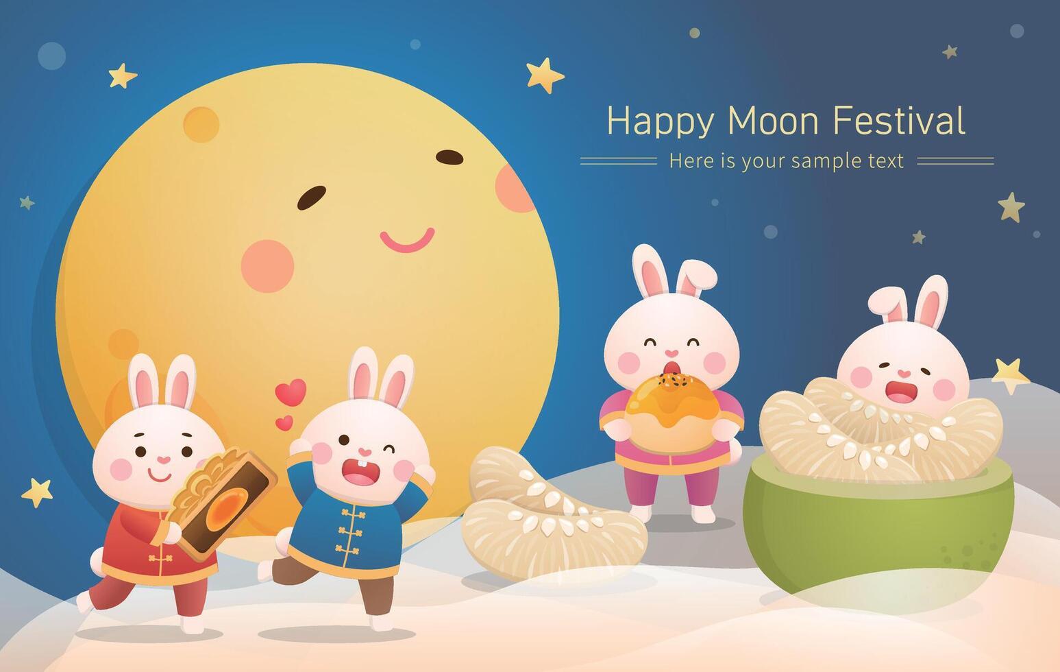Mid-autumn festival poster, cute and playful rabbit mascot with moon and moon cake and pomelo vector