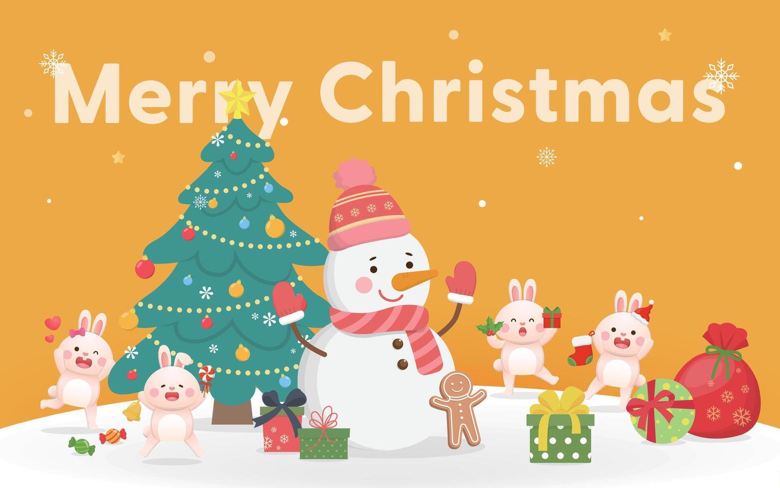 Orange Christmas greeting card, cute rabbit and snowman character mascot happy celebration, Christmas tree and gift box, Merry Christmas and Happy New Year vector