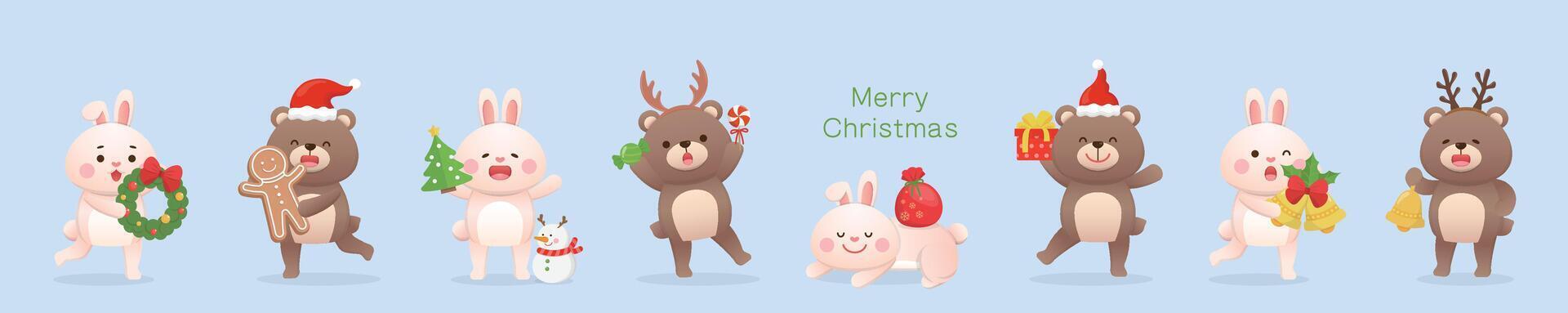 Set of cute rabbit and bear character mascots with Christmas elements, can be used for greeting invitation cards vector