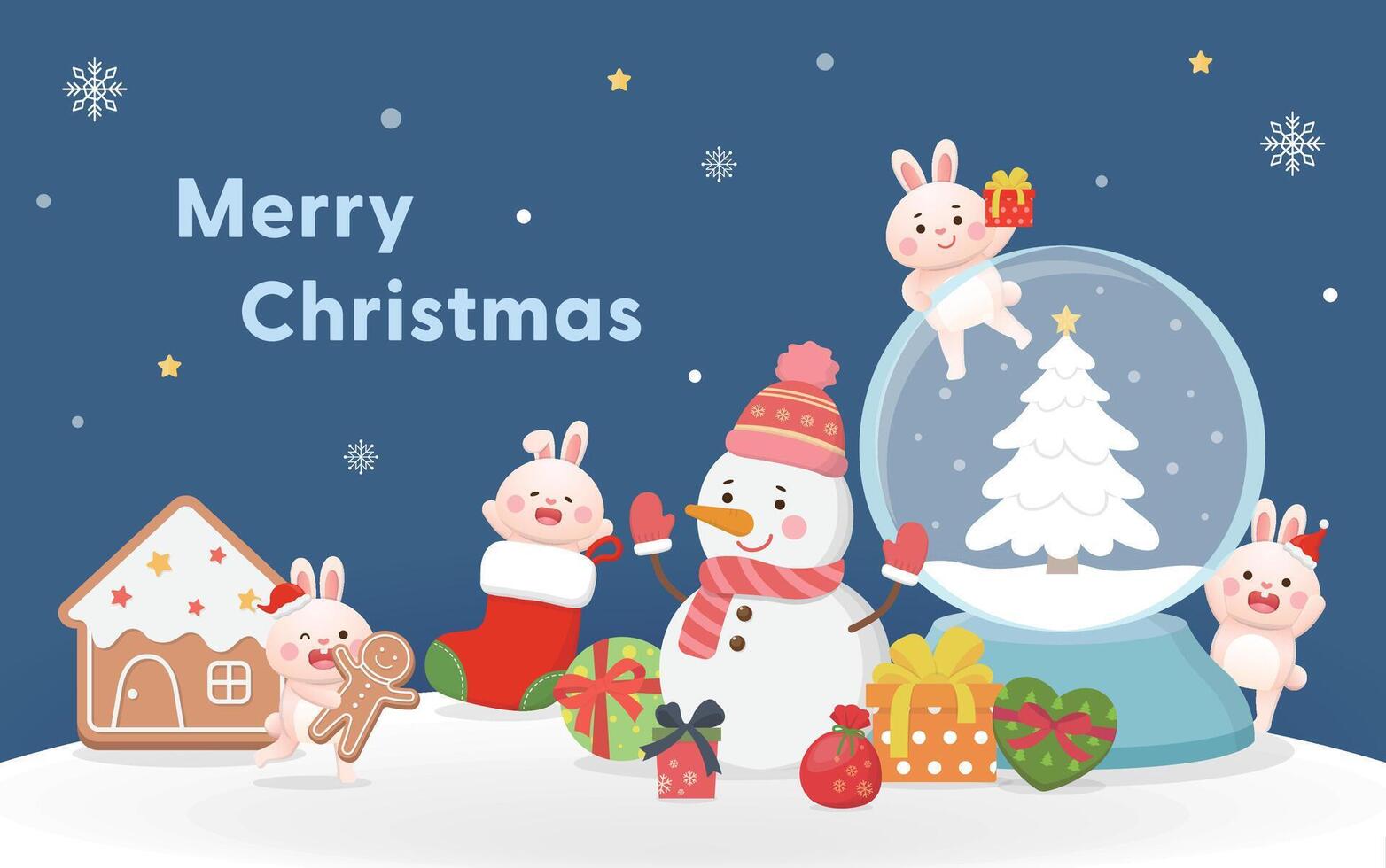 Christmas greeting card, cute rabbit, bunny and snowman celebrating happily, snowball, gift box and snowflakes, Happy Christmas and New Year, greeting card and invitation card vector