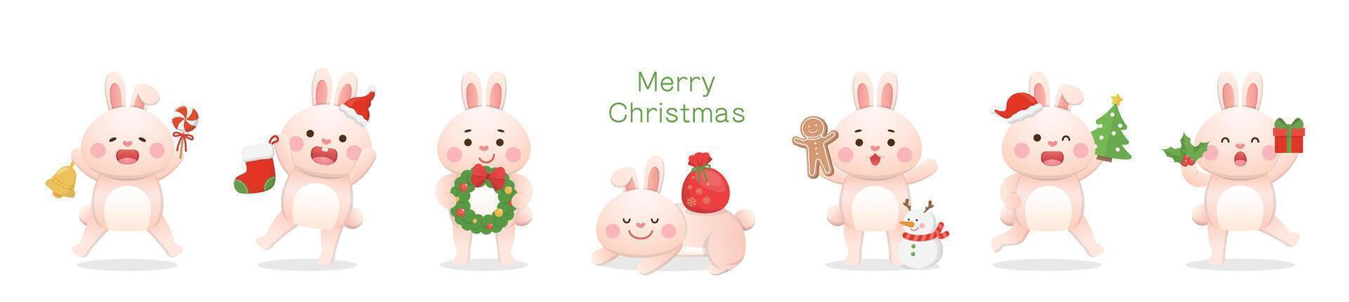 Set of cute rabbit character mascots with Christmas elements, can be used for greeting cards, invitation cards, gingerbread man with Christmas tree and wreath vector