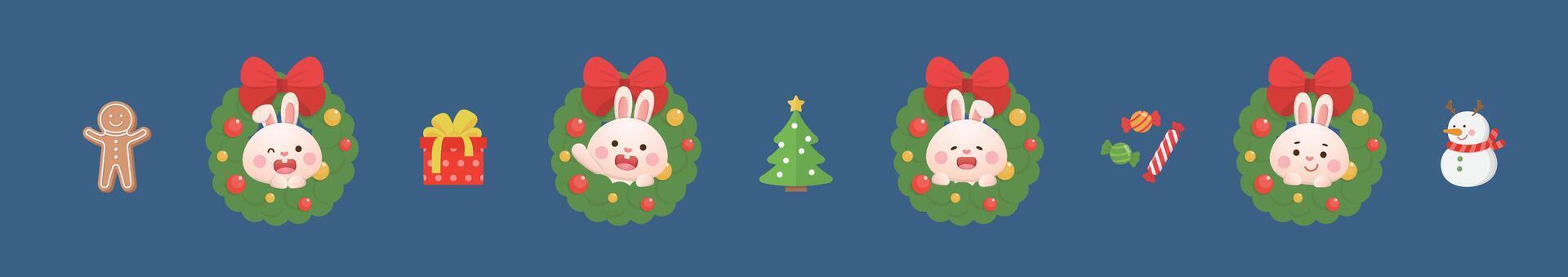 Set of cute bunny character mascots with Christmas wreaths and Christmas elements, can be used for greeting cards, invitation cards, Christmas cards vector