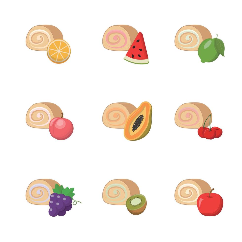 Set of cake rolls with fruit flavored cream, high calorie delicious sweet dessert, illustration, isolated on white background vector