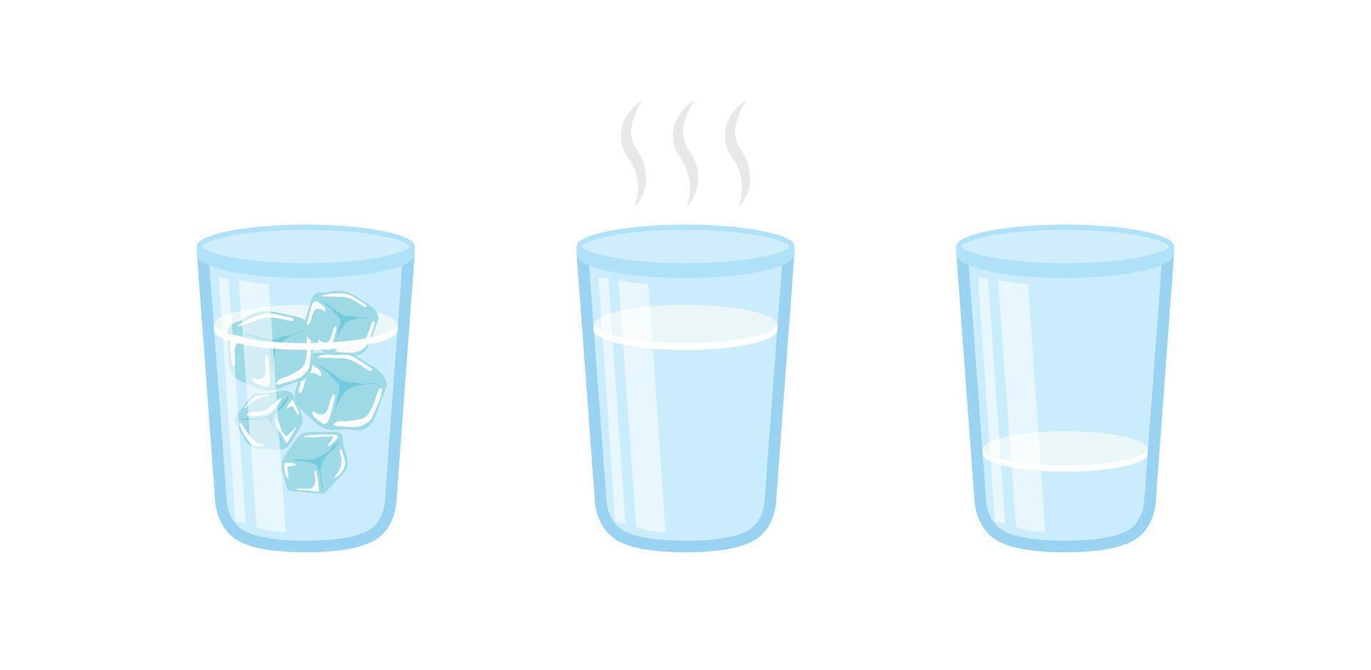 3 glasses of water of different temperatures with glass, iced or hot drinking water vector