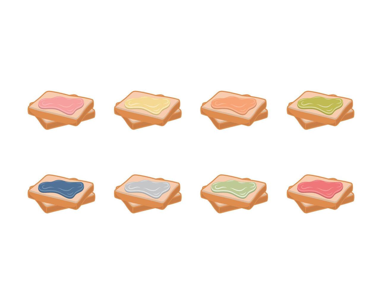 8 colorful toasts with jam, delicious sweet baked, menu design vector