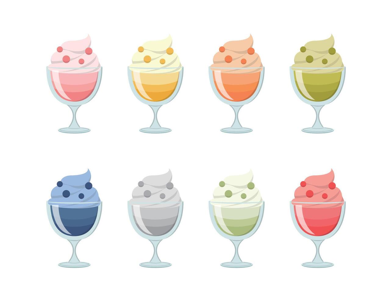 8 Colourful Ice Cream or Sundaes with Glasses, Ice Delicious Sweet Delicious vector