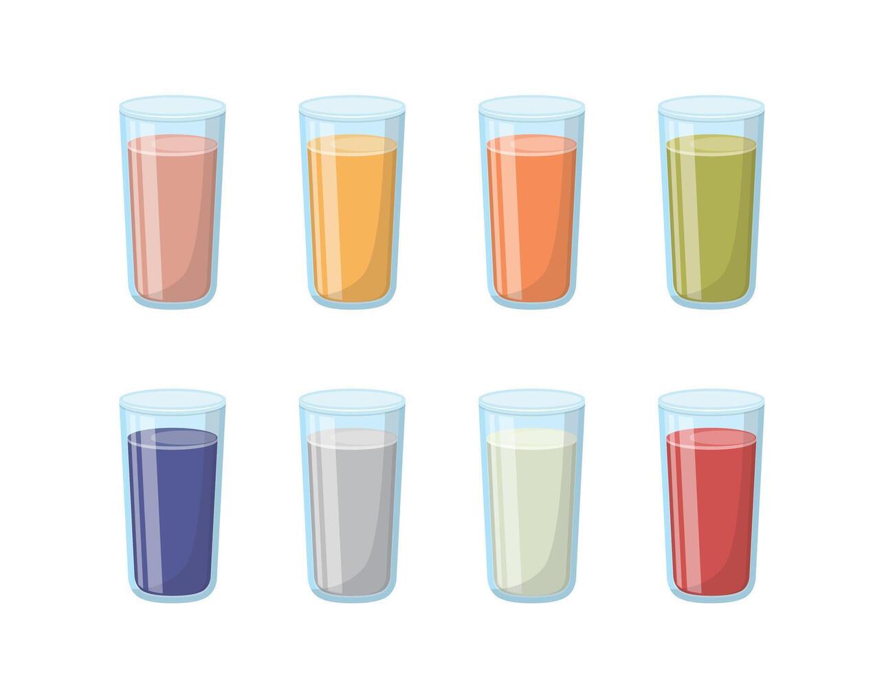 8 cups colorful juices or beverages, cool and delicious sweet drinks vector