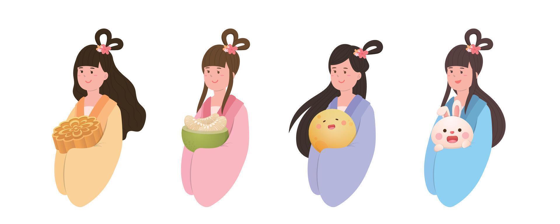 Fairy Chang'e and moon cake and rabbit and moon and pomelo in Mid-autumn festival, Chinese legend, Asian traditional festival vector