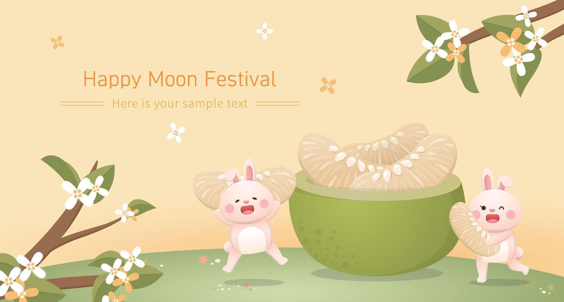 Asian traditional festival Mid-autumn festival, horizontal poster of happy rabbit and pomelo vector