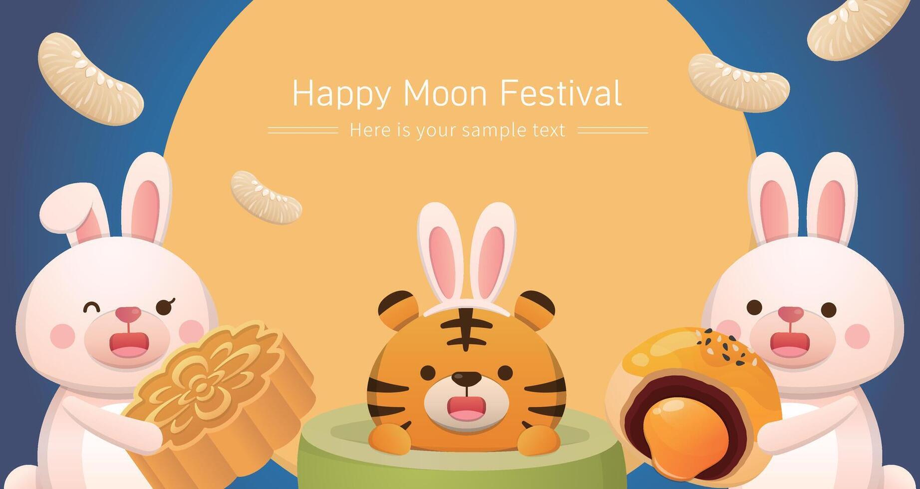 Cute tiger and rabbit celebrate traditional Chinese festivals Mid-autumn festival, moon cake with pomelo and moon vector