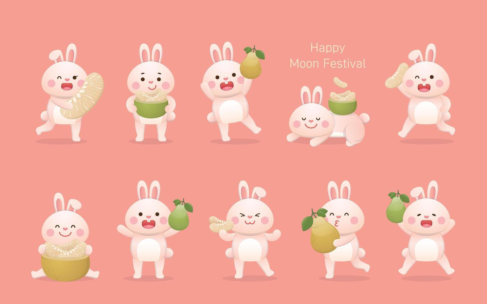10 Cute Rabbit Mascot Characters with Mid-Autumn Festival and Pomelo vector