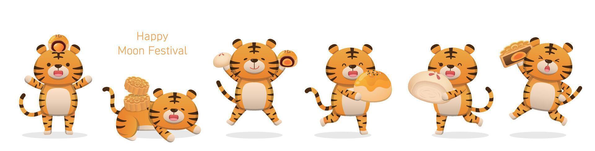 A set of cute tiger mascot characters with traditional food or dessert for mid-autumn festival moon cake vector
