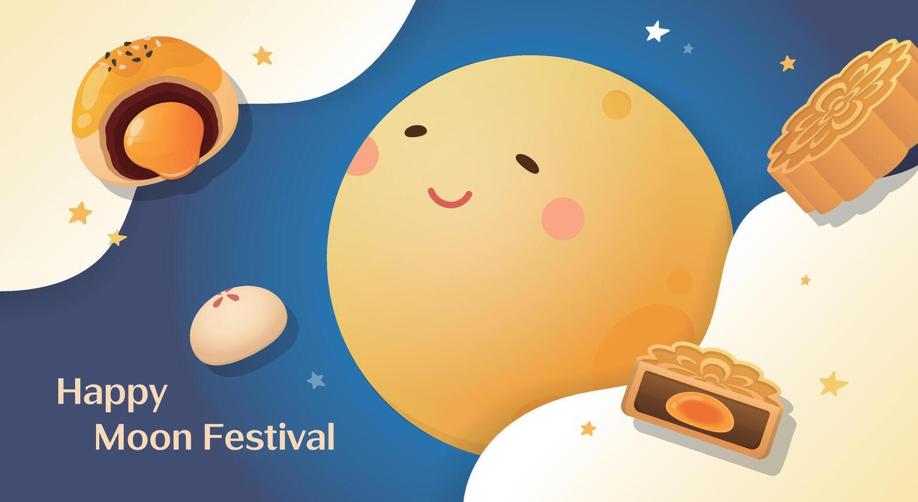 Mid-autumn festival poster, cute moon cakes with moon and clouds in the night sky, traditional Chinese festival vector
