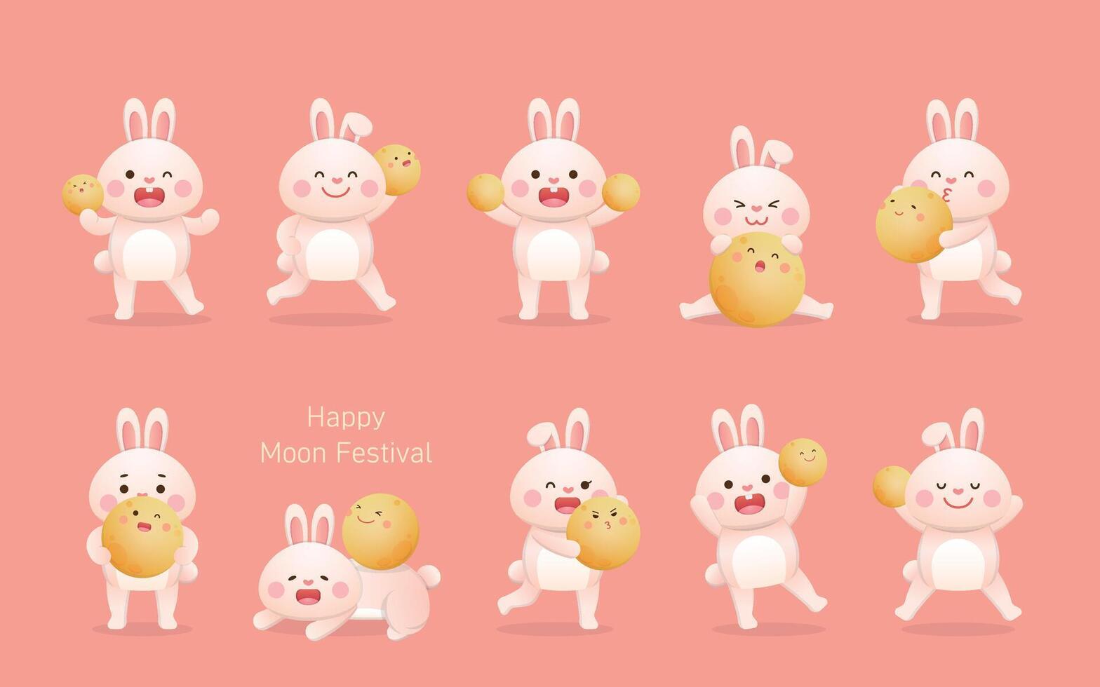 10 Cute Rabbit Mascot Characters with Moon, Traditional Festivals in China and Taiwan Mid-Autumn Festival vector