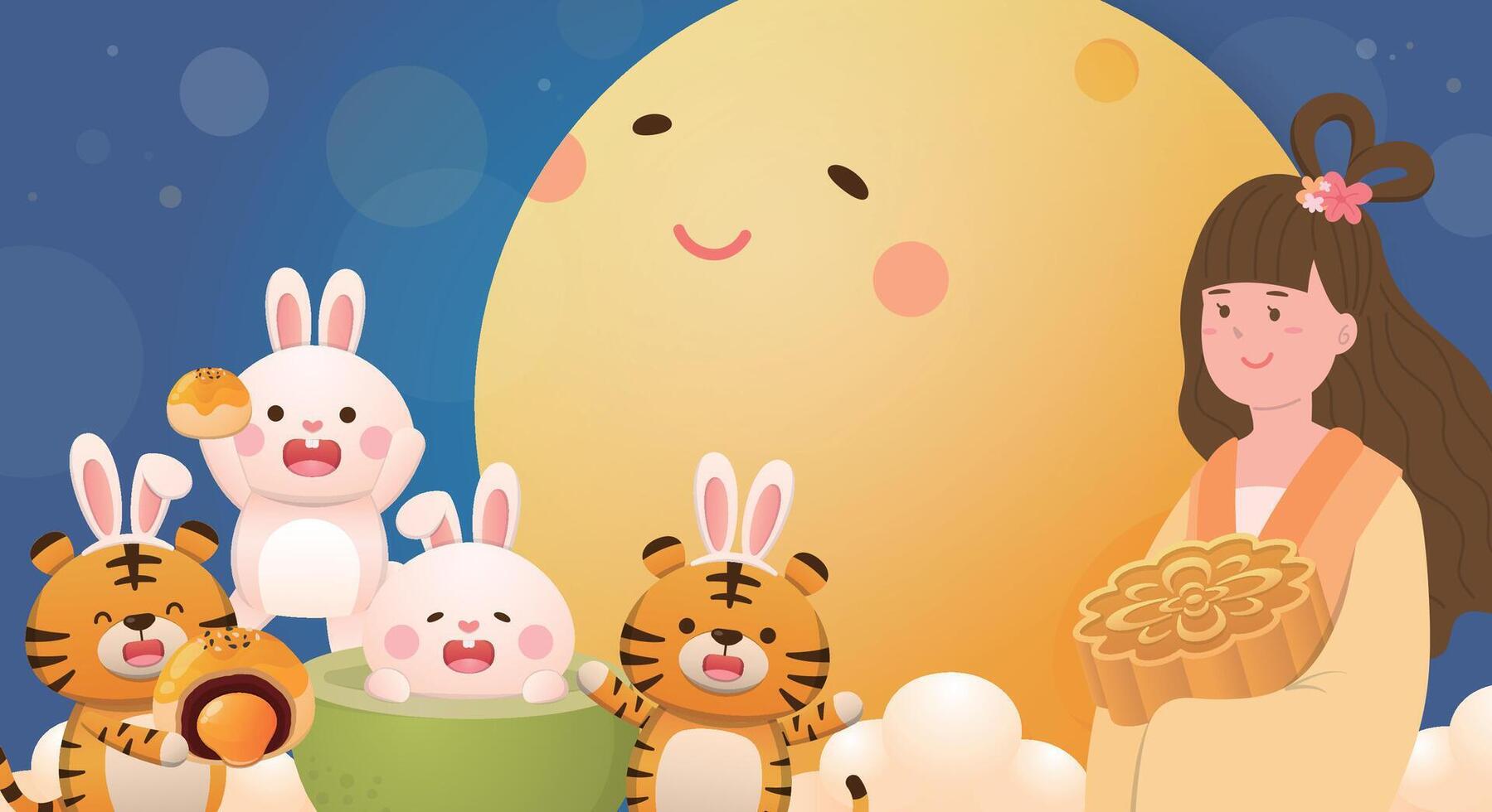Asian festivals Mid-autumn festival, poster of beautiful fairy with rabbit and tiger with full moon and moon cake vector