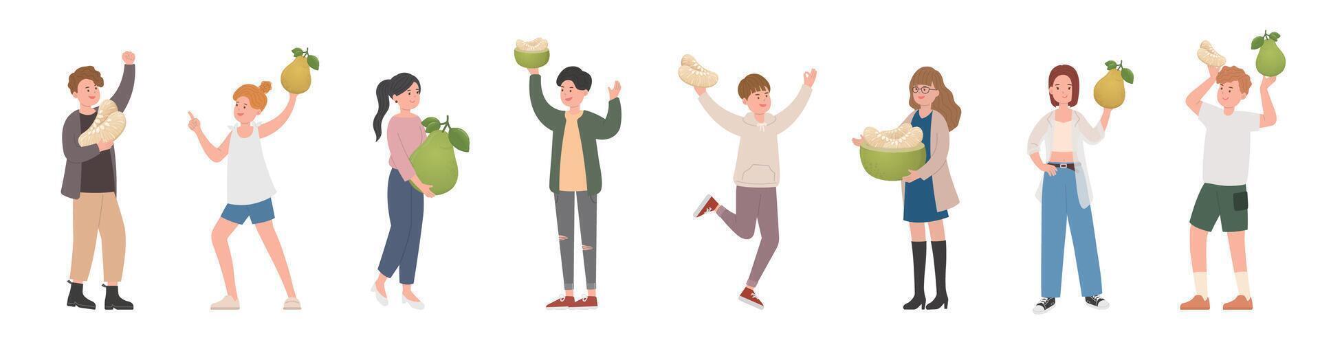 Happy stylish men and women celebrating mid-autumn festival with delicious pomelo, autumn fruits vector