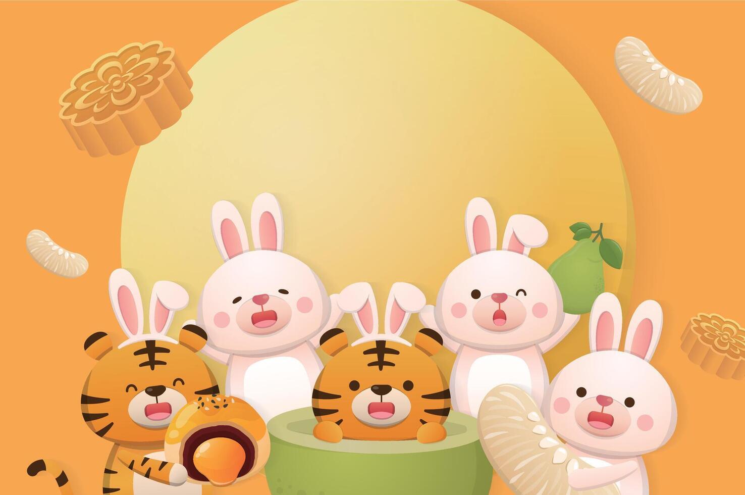 Cute tiger and rabbit celebrate traditional Chinese festivals Mid-autumn festival, moon cake with pomelo and moon vector