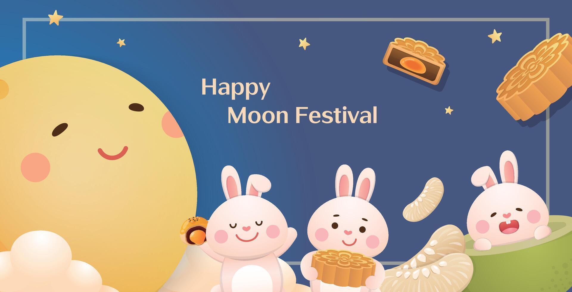 Mid-autumn festival poster, cute and playful bunny mascot cartoon character with moon and moon cake and pomelo vector