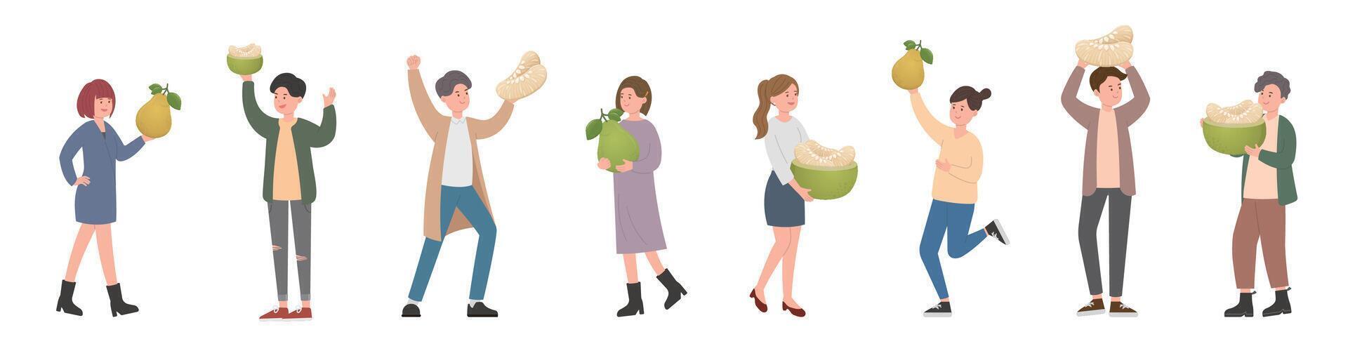 Happy stylish men and women celebrating mid-autumn festival with delicious pomelo, autumn fruits vector