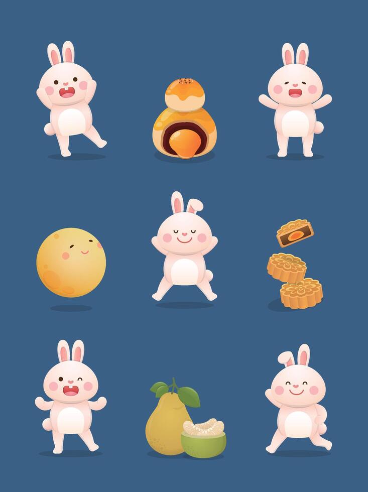 Asian traditional festival mid-autumn festival, set of rabbits and moon cakes with pomelo and moon, cute and playful mascot cartoon characters vector