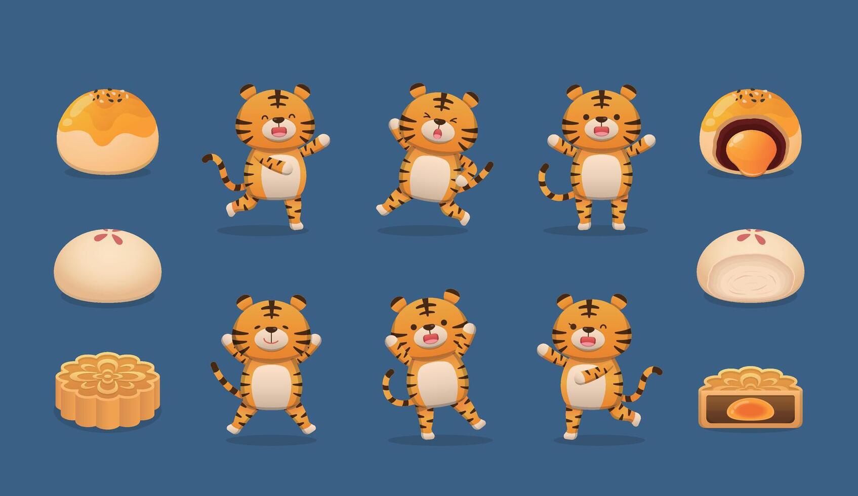 Asian traditional festival mid-autumn festival, set of tiger and moon cakes, mascot cartoon character, pastry dessert vector