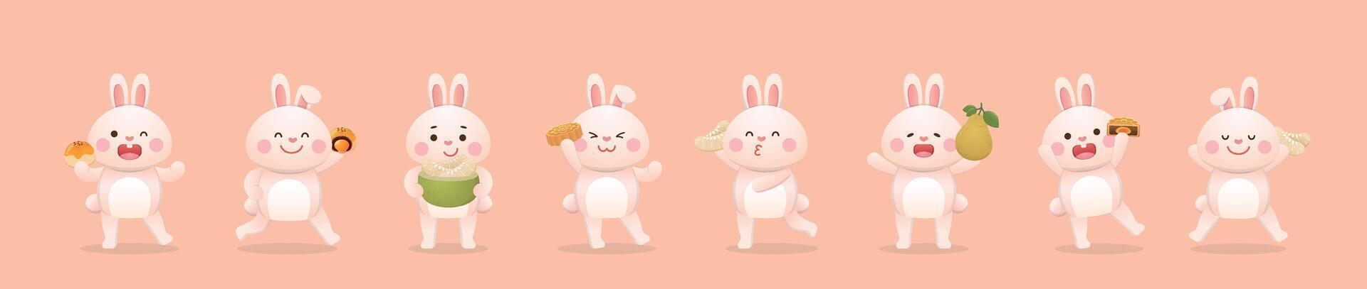 Asian traditional festival Mid Autumn Festival, set of rabbits and Mid Autumn Festival elements moon cake and pomelo, mascot cartoon character vector