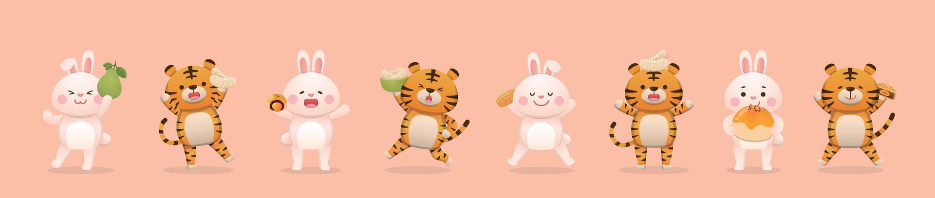 Asian traditional festival mid autumn festival, set of rabbit and tiger with mid autumn festival elements, mascot cartoon character vector