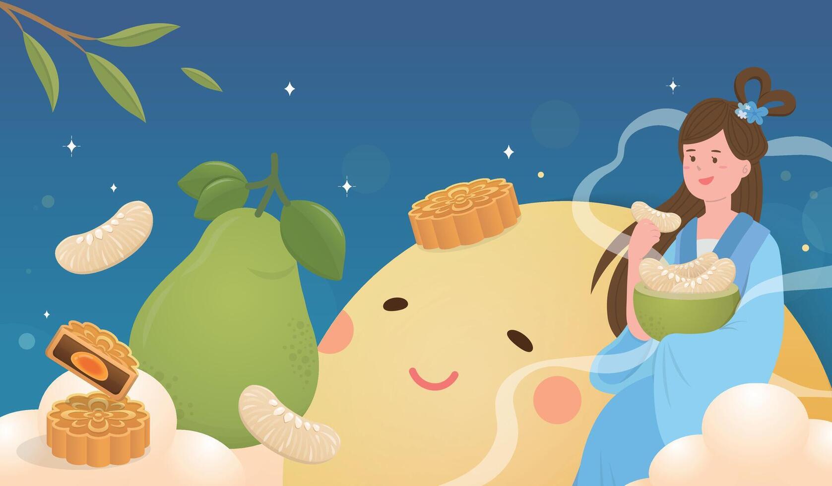 Beautiful chinese fairy with elements of mid-autumn festival, night and full moon vector