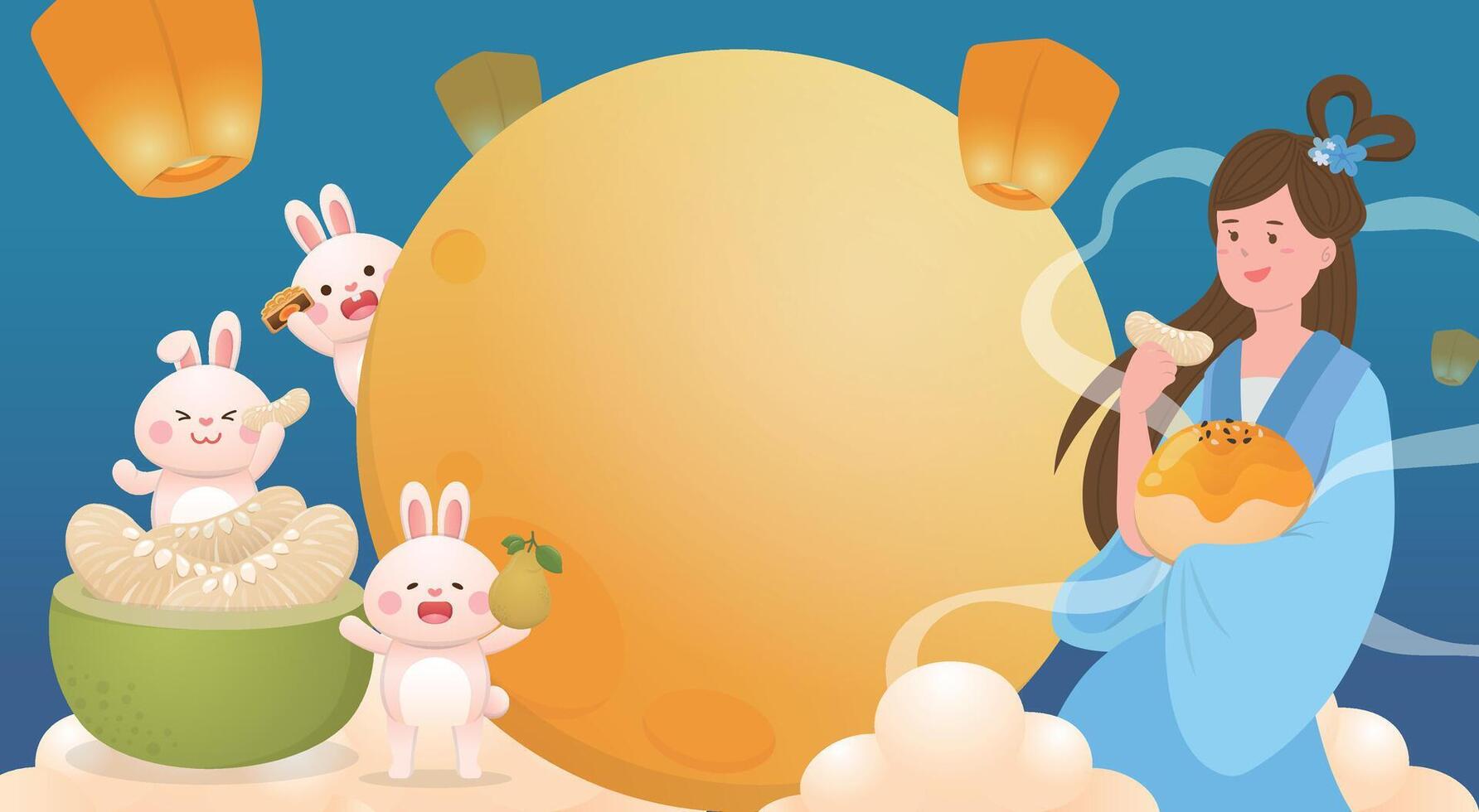 Asian festivals mid-autumn festival, beautiful fairy and rabbit with pomelo and sky lantern and full moon, legends fairy or goddess vector