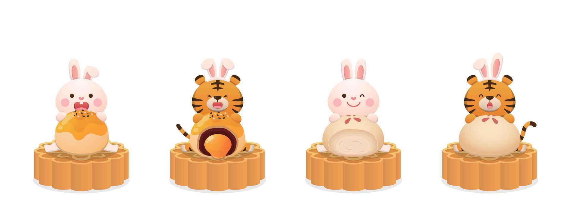 A set of cute rabbit tiger character mascots to celebrate mid-autumn festival, delicious moon cakes, meringue desserts vector